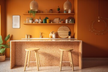 Sticker - Terrazzo countertops and decorations in an orange kitchen. mock up for an illustration. Generative AI