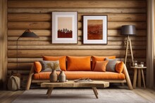 Front Image Of Orange Beige Log Cabin Living Room. Frame Mockup, Fabric Sofa With Cushions. Farmhouse Decor,. Generative AI