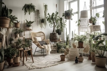 A metal pole holds many macrame plant hangers with houseplants and potted plants. The warm bohemian space is decorated with boho baskets and wicker egg chairs. Generative AI