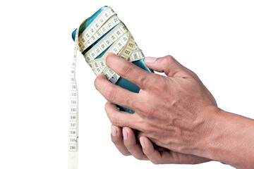 A male hand holding a cell Cellphone wrapped with measuring tape isolated on white background