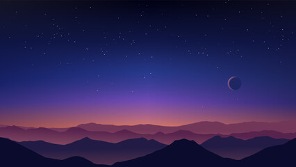 Wall Mural - amazing sky at night over mountain range with moon and stars