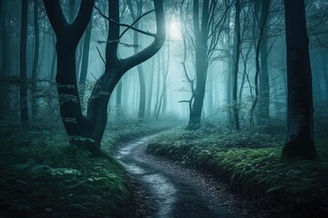 Wall Mural - dark forest path illuminated by moonlight at night. Generative AI