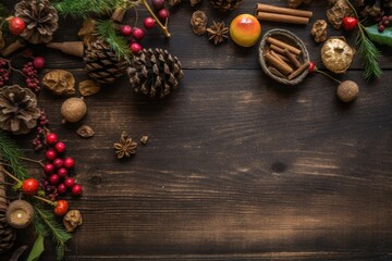 Sticker - Illustration of festive Christmas table decoration with pine cones, cinnamon and other ornaments. Generative AI