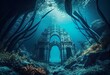 Leinwandbild Motiv Underwater ancient city in the depths of the ocean. Atlantis lost world. ancient sunken architecture. Underwater gorges and tunnel. Lots of underwater organisms and fish. Underwater. Generative AI