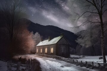 Canvas Print - cozy house in the midst of a snow-covered landscape. Generative AI