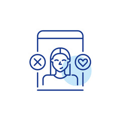 Wall Mural - dating app interface. smiling girl user. looking for a romantic partner. match and pass symbols. cro
