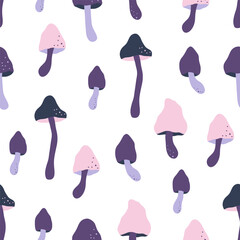 Wall Mural - Vector seamless pattern with fairy-mushroom. Hand drawn fantasy fungi illustration. Cartoon whimsical amanita, toadstool background. Print for fabric, wrapping, digital paper.