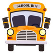 A yellow school bus front view with the words school bus on the front