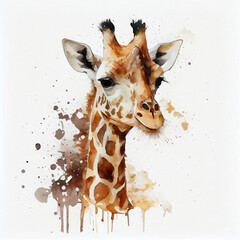 Wall Mural - Cute watercolor illustration of giraffe isolated on a white background. Funny African mammal is perfect for children's artwork and zoo-themed designs. Generative AI