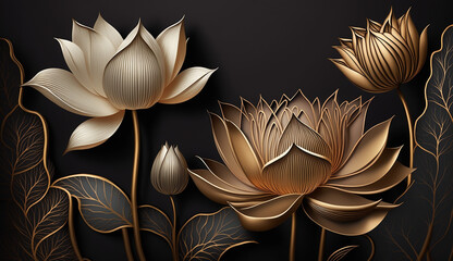 Wall Mural - Luxury wallpaper design with Golden lotus and natural. Generative AI