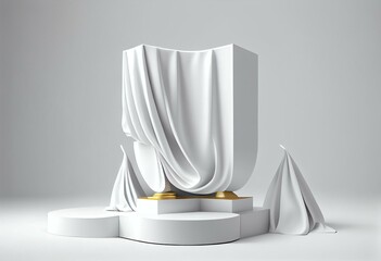 3D display podium white background. Luxury flying cloth in motion. Glamour minimal pedestal for beauty, cosmetic product presentation. Feminine copy space template, luxury curtain,. Generative AI