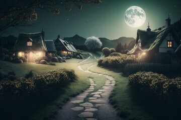 Wall Mural - Beautiful fantasy landscape with fairytale village and moonlight. Generative AI