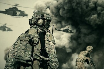 Wall Mural - Military forces & helicopters between smoke and dust at battle field.
