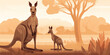 A mother kangaroo stands on her hind legs with her joey peeking out of her pouch. Trees and grass in background. Generative AI.