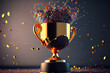 Excellent close up golden trophy award with falling confetti, copy space for text, 3d rendering. Generative Ai