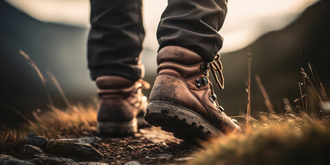 journey to the summit. close-up shot of worn leather hiking boots trekking up a rocky mountain trail