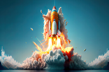 Wall Mural - wonderful rocket launching on bay blue background, 3d rendering. generative ai