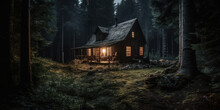 Forest Cabin In The Dark Forest At Night. Generative AI