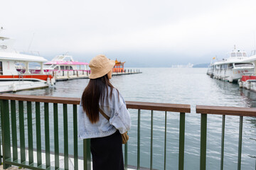 Sticker - Woman visit sun moon lake in Nantou of Taiwan