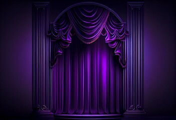 Podium dark purple on background and dark purple curtains for stage. Generative AI