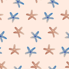 Sea Bottom Seamless Pattern. Summer Beach Hand-drawn Seaside Vector Print. Undersea World Cartoon Background With Starfish. Seashore Elements Design For Fabrics, Wallpaper