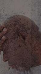 Wall Mural - Animation of moving background over african american man touching forehead