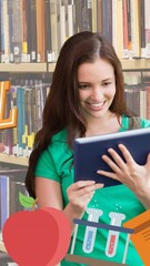 Poster - Animation of back to school text and school icons over caucasian female student with tablet