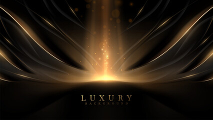 Black luxury background with dark scene with golden curved lines elements and gold glow effect decoration and bokeh.