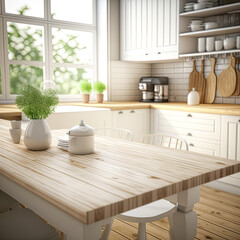 Background of new modern interior of small cozy light kitchen. Design of white clean room with wooden table. Made with Generative AI