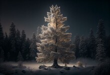 A Beautiful Christmas Tree Stands In The Center Of A Snow-covered Forest. The Trees Around It Are Also Covered In A Layer Of Sparkling White Frost. Generative AI