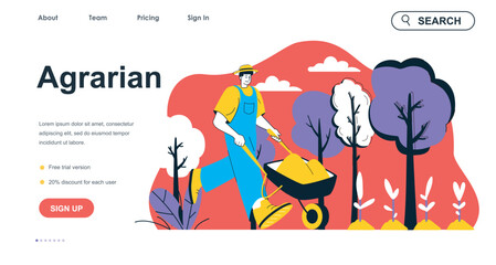 Aufkleber - Agrarian concept for landing page template. Farmer with wheelbarrow works on farm and harvesting. Gardening and planting people scene. Vector illustration with flat character design for web banner
