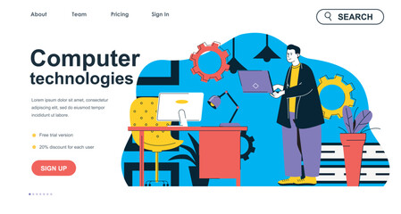 Aufkleber - Computer technologies concept for landing page template. Developer working on laptop and creating software. Programming people scene. Vector illustration with flat character design for web banner