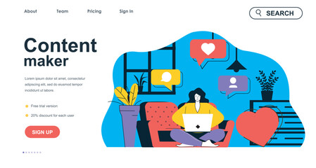 Leinwandbilder - Content maker concept for landing page template. Woman creates content for social networks. Blogging and business promotion people scene. Vector illustration with flat character design for web banner