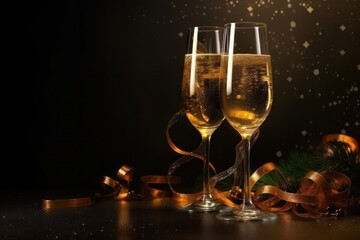 Wall Mural - Glasses of champagne and Christmas decorations on black background with copy space, Generative Ai