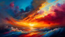 Generative AI, Dawn's Embrace: An Abstract Sunrise Of Vibrant Cloud Shapes