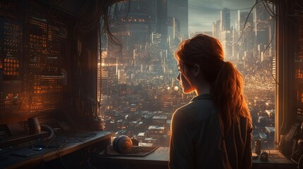 Wall Mural - Futuristic Photography Award Winner: Ultra Realistic Woman Gazing at Data Center Amidst Sci-Fi Shapes and City Skyline in High-Det Wide Angle Shot, Generative AI