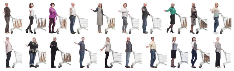 group of people with shopping cart on white