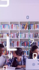 Wall Mural - Animation of diverse group of students in school library using laptops