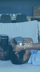 Poster - Animation of social media icons and numbers over african american father and son using vr headset