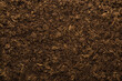 Dark brown soil background. Fresh ground preparation for garden season. Empty place for text. Top down view.