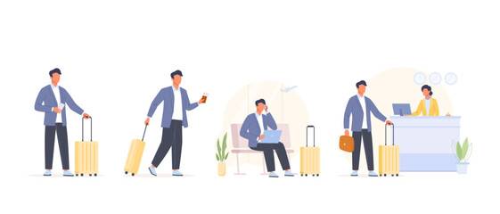 Businessman having a business trip set. Flat vector