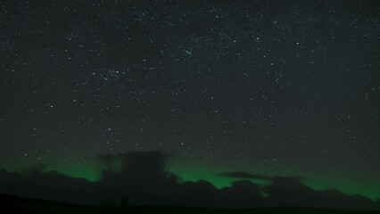 Wall Mural - Panning time lapse of the aurora borealis (the northern lights) with the clouds passing by on a stormy night. Filmed on the Isle of Lewis, part of the Outer Hebrides of Scotland.