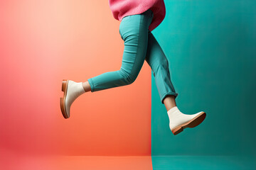 Legs of a man jumping in colorfull clothes on bright colorful background, generative ai with copy space