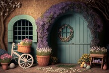 Generative AI Of An Old Door With Flowers And A Bicycle.