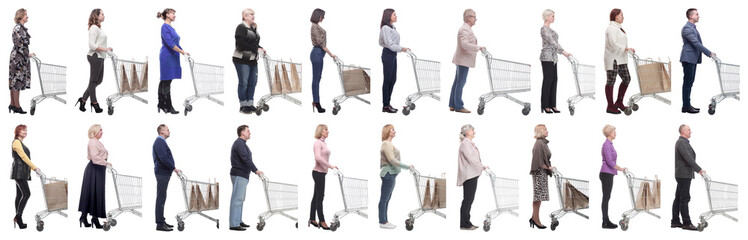 Wall Mural - group of people with cart looking ahead isolated on white