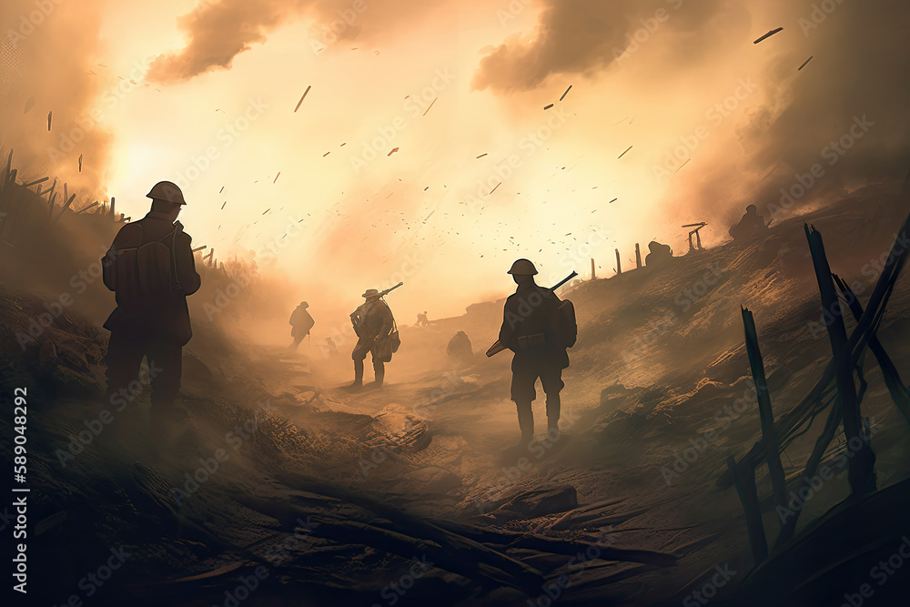 World War 1 trench warfare with silhouettes of soldiers among smoke and ...