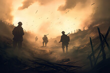 World War 1 Trench Warfare With Silhouettes Of Soldiers Among Smoke And Craters In A Historic Warfare Battlefield Artwork. Battle Combat Of Armed Forces In WW1 Conflict Artwork, Generative AI
