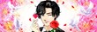 赤い薔薇の花を片手に甘いマスクで誘う黒髪イケメン男子の少女漫画風ワイドサイズイラストと花吹雪