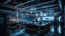 Revolutionizing Tech & Research: Futuristic Facility With AI & HUID Interfaces, Cinematic & Hyper-Detailed Design, Real-Time Data Viz & ML Models, Generative AI