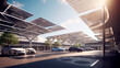 Electric Cars Parked under Solar Panel Canopy in Parking Lot, Sustainable and Renewable Energy Concept, Generative AI